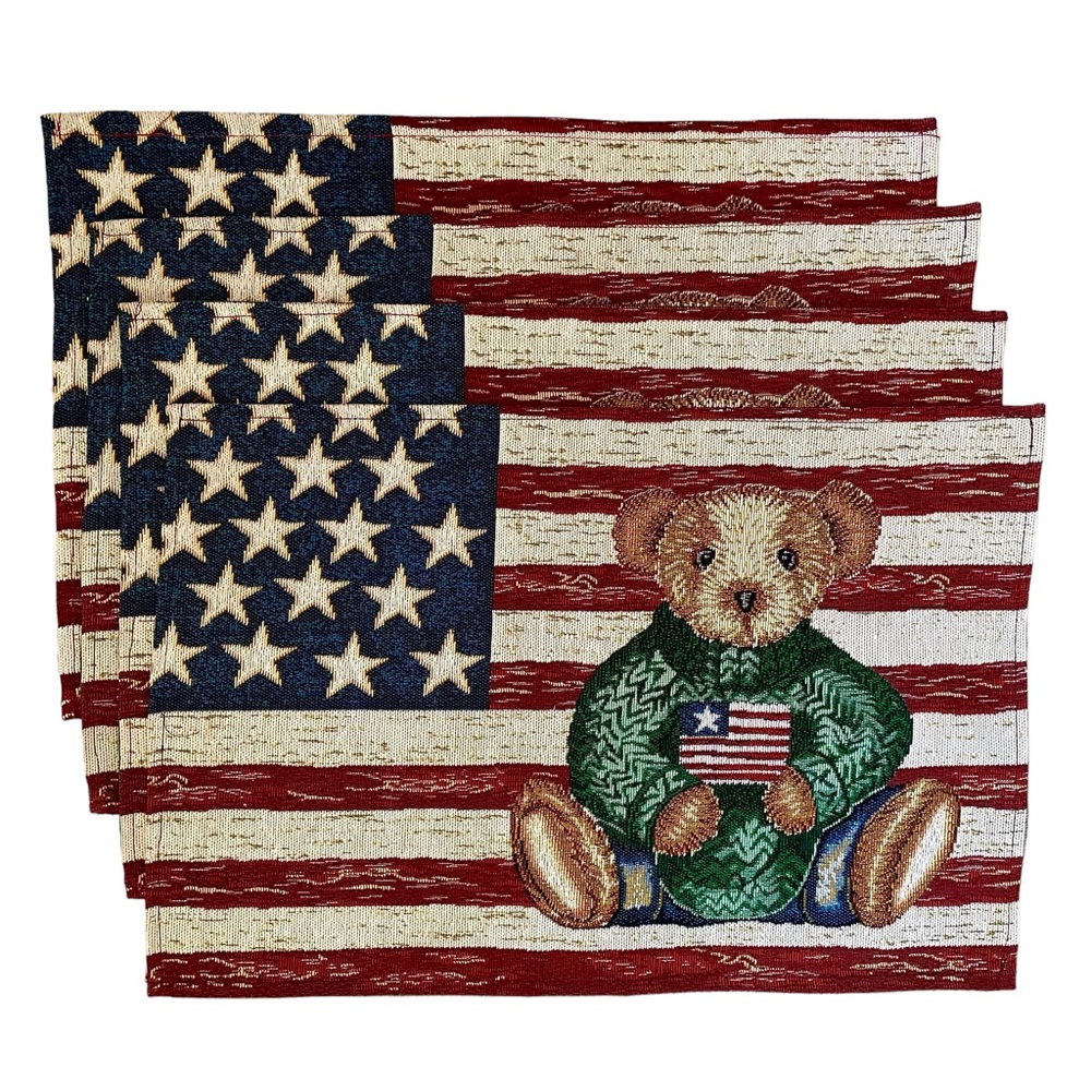 Tapestry Placemats Americana Flag Patriotic Bear Stars Stripes Set of 4